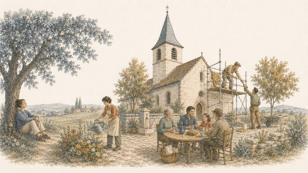 Panorama: Rund um eine kleine Kirche giesst eine Person Blumen, eine Gruppe teilt am runden Tisch Brot und Tee, zwei Personen arbeiten an einem Baugerüst, eine Person sitzt still unter einem grossen Baum.